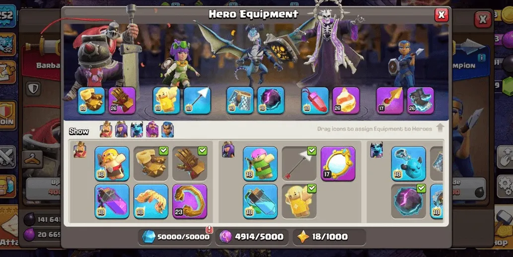 COC532 TH18 Full Max Heroes 100 100 90 75 50 Strongest Defense Max Troops Spells Pets Siege Machines (G)